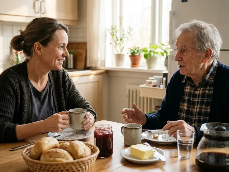 Betreuungskraft und älterer Herr frühstücken gemeinsam in der Küche