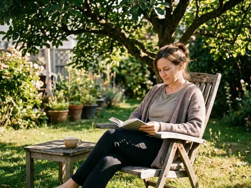 Betreuungskraft liest in ihrer Freizeit entspannt ein Buch im Garten
