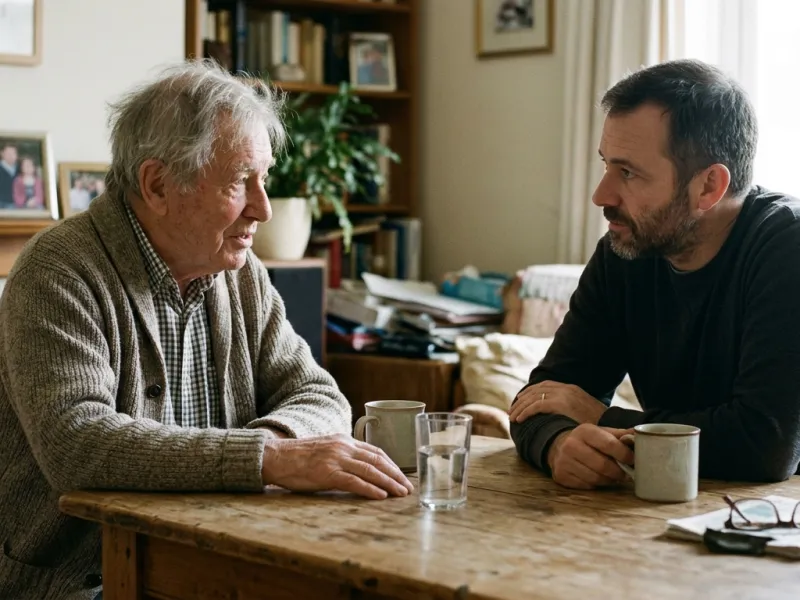 Älterer Herr und erwachsener Sohn sprechen ernst am Wohnzimmertisch