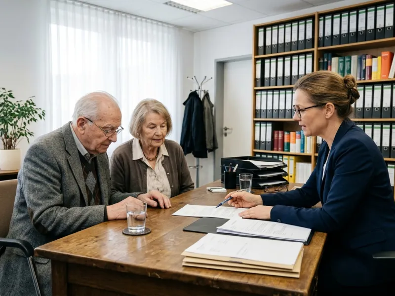 Notarin bespricht mit einem älteren Ehepaar Vorsorgedokumente