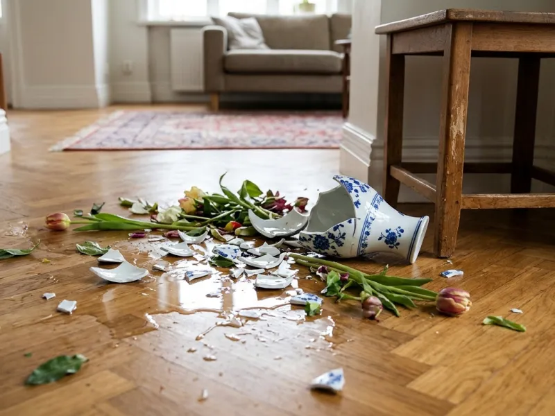 Zerbrochene Vase auf dem Wohnzimmerboden