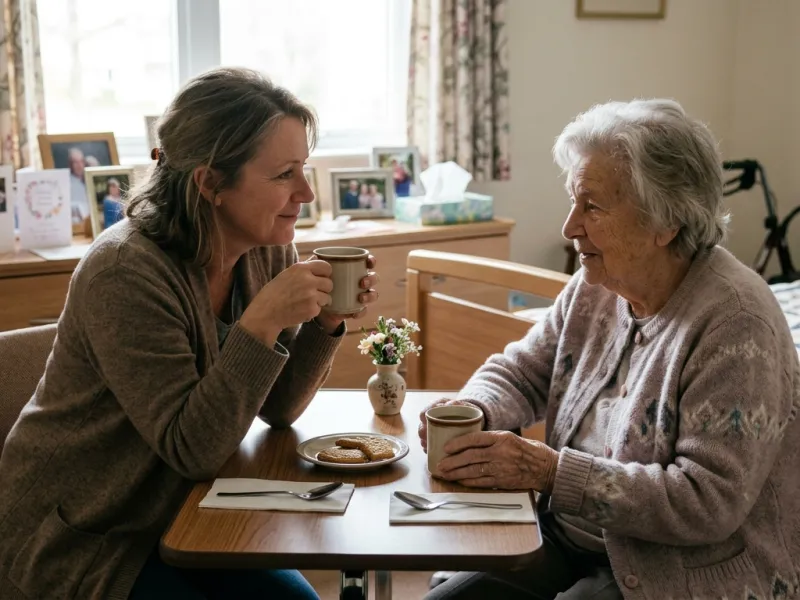 Tochter besucht ihre Mutter im Pflegeheim, beide trinken Kaffee
