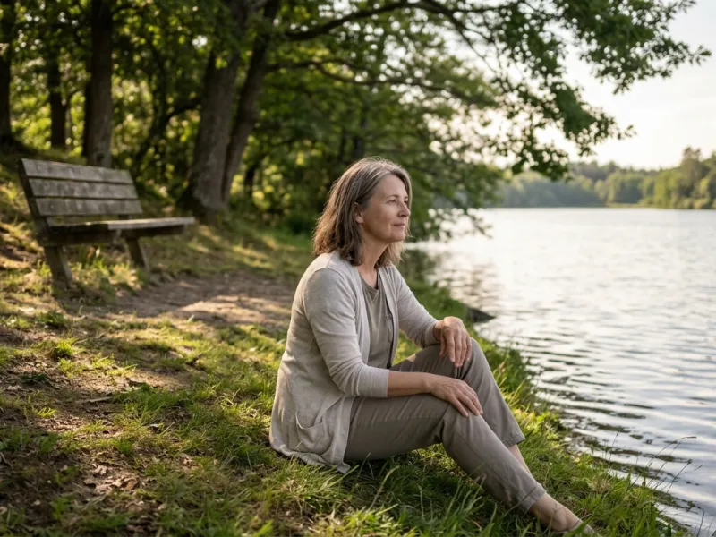 Pflegende Tochter macht eine Pause am See, im Hintergrund eine Bank