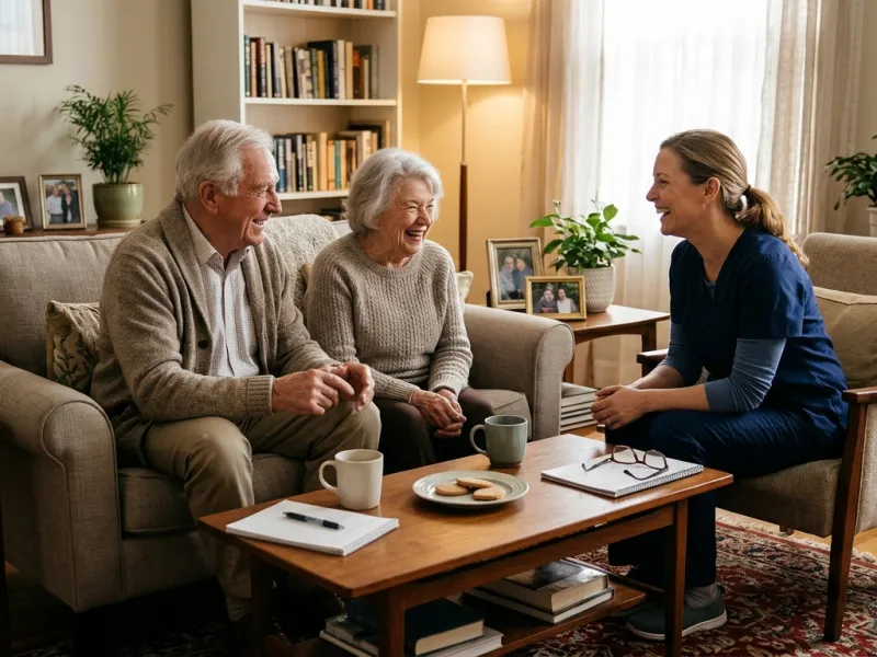 Älteres Ehepaar und Betreuungskraft sitzen lachend am Kaffeetisch