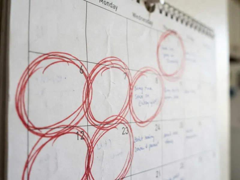 Wandkalender mit mehreren rot markierten Tagen