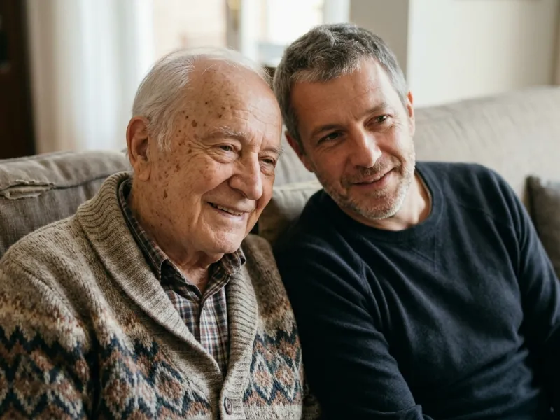 Vater und erwachsener Sohn sitzen erleichtert zusammen auf dem Sofa